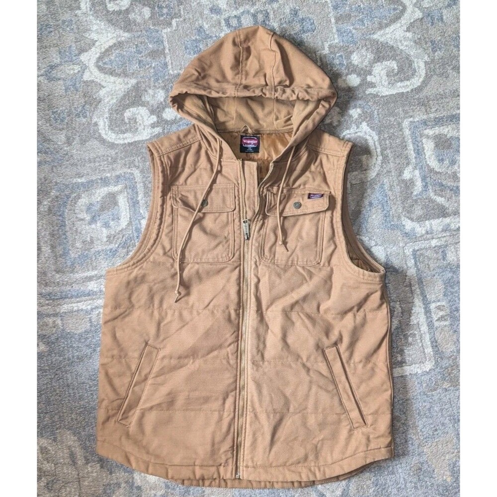 Wrangler Workwear Vest Mens Lg Quilted Lined Hooded Duck Canvas Full Zip Chore